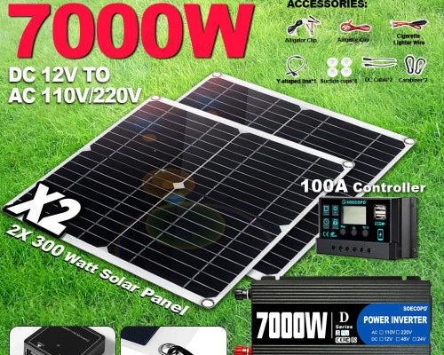 7000W Portable Solar Power Kit 600W High-Efficiency Panel + 100A Controller + 12V to 110V/220V Inverter Ideal for RV Camping